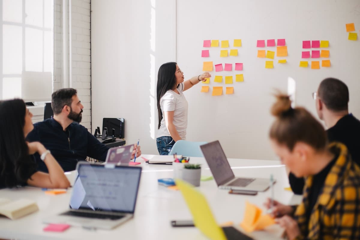 Team plant an einem Whiteboard mit Haftnotizen